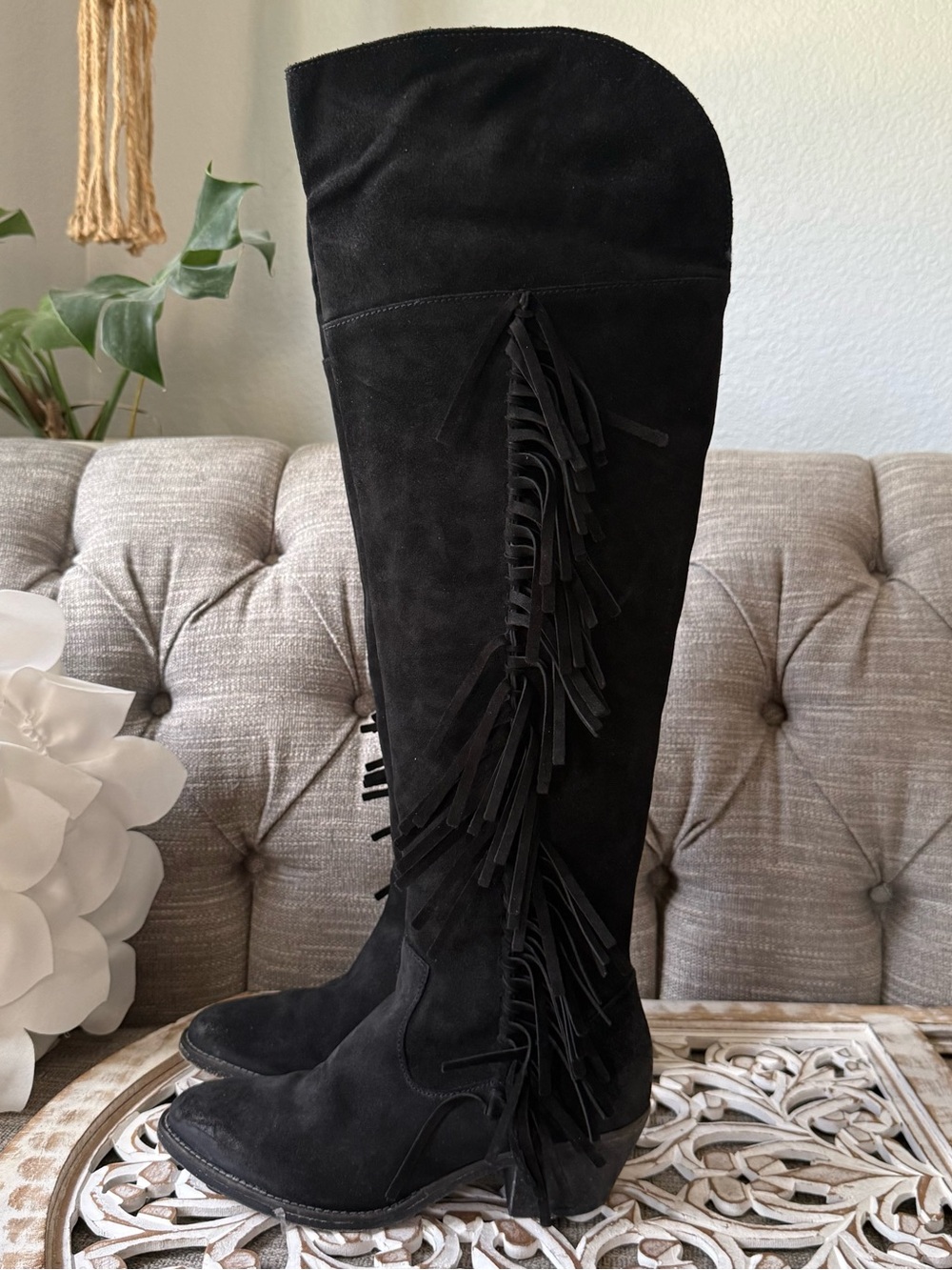 Circle G by Corral Black Suede Fringe Over-the-Knee Boots Womenโs 9